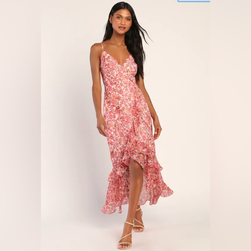 Lulu's Pink Floral High-Low Ruffle Maxi Dress